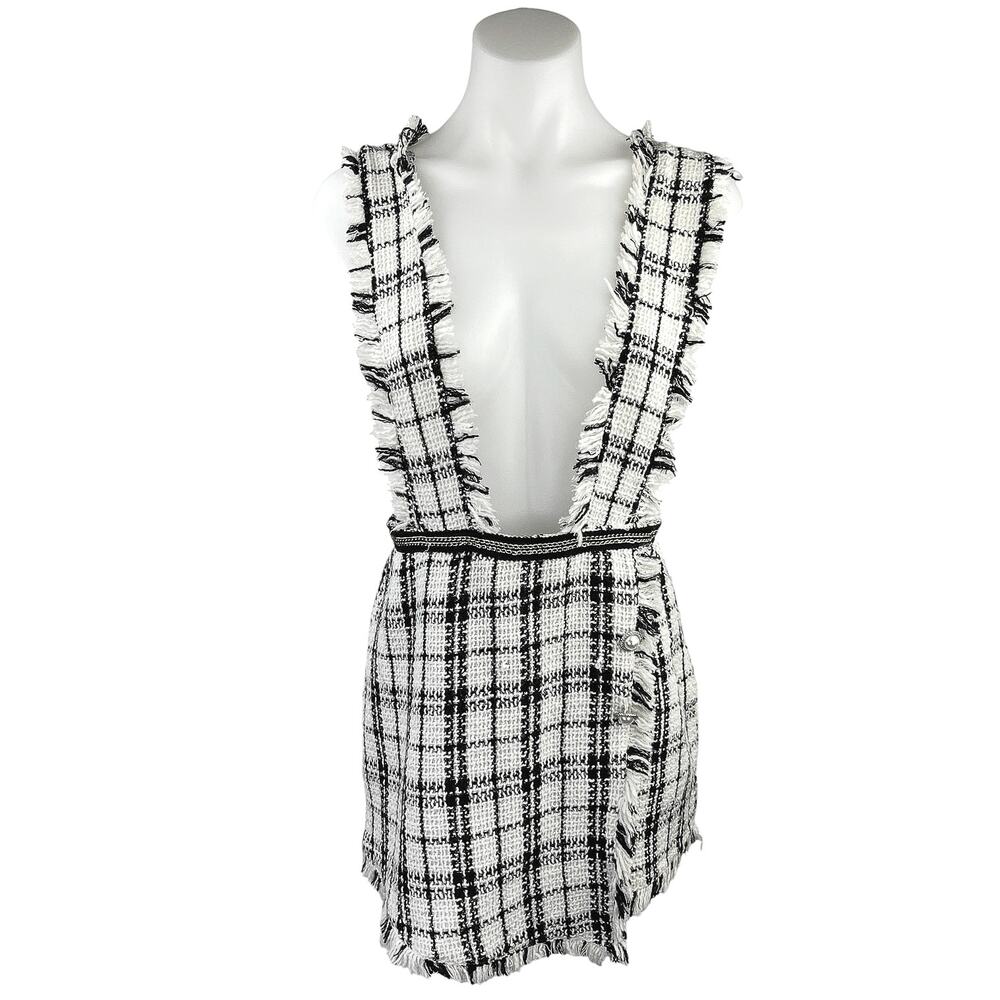 Pink & Flare Black White Tweed Plaid Check Pearl Button Romper Shorts Size S